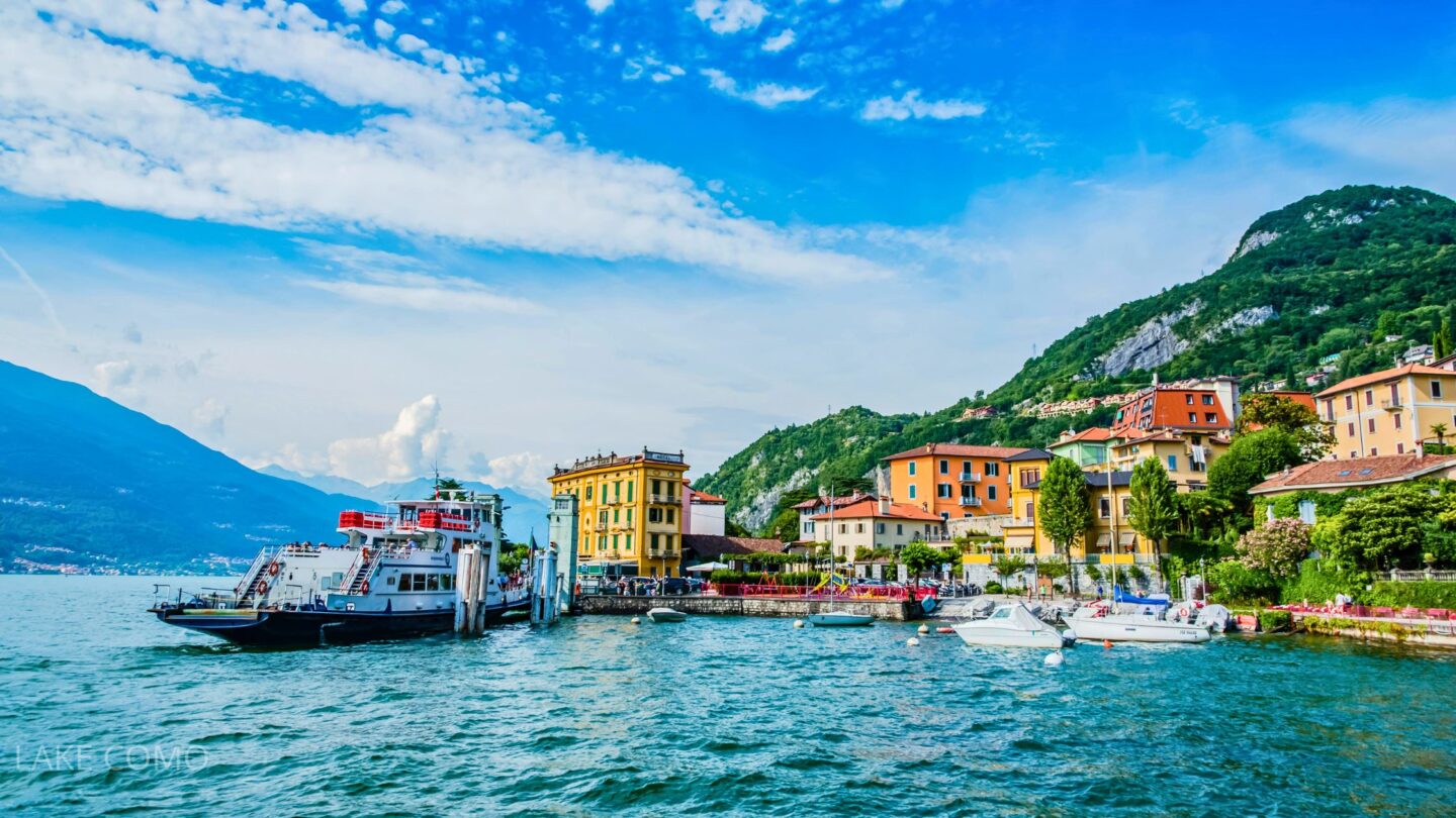 Picturesque Lake Como Waterfront in Lombardy on a sunny day with a blue sky, Italy